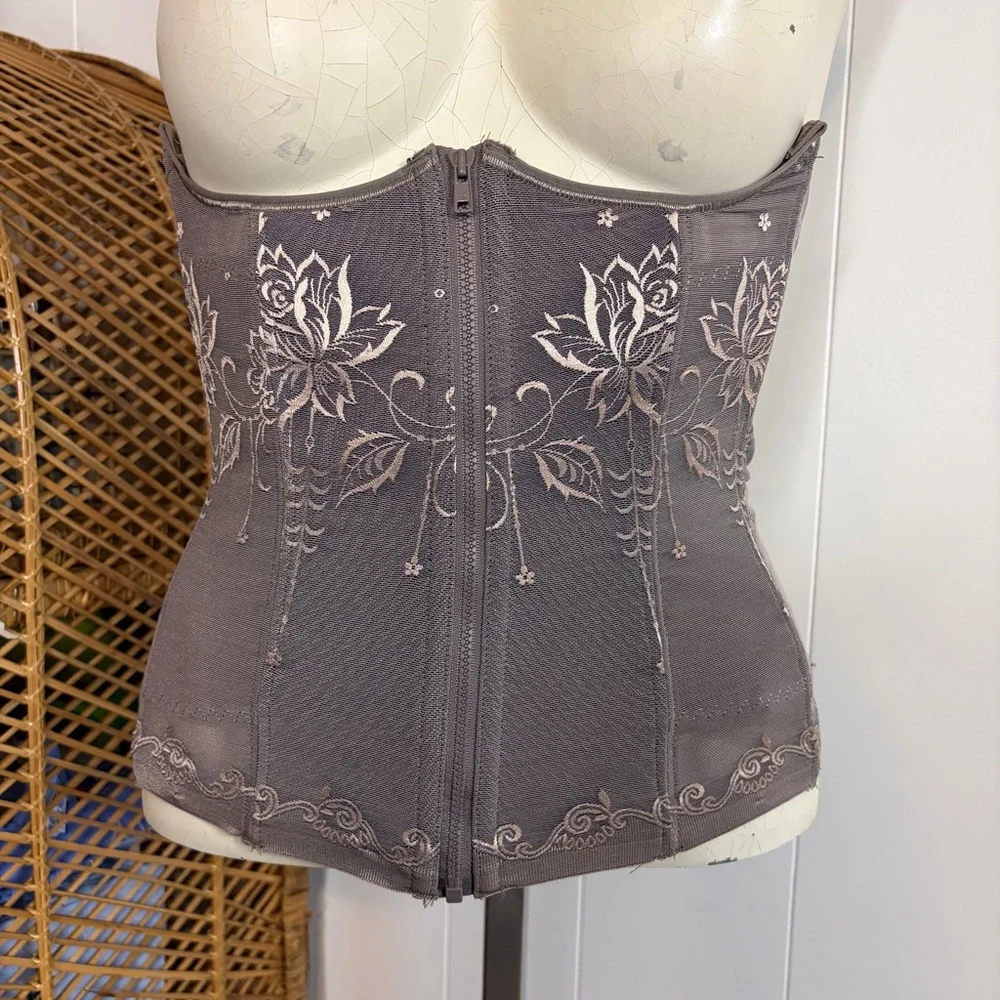Retro Grey Sheer Mesh Lace Floral Girdle Waist Training Corset Zipper size small - Picture 2 of 9